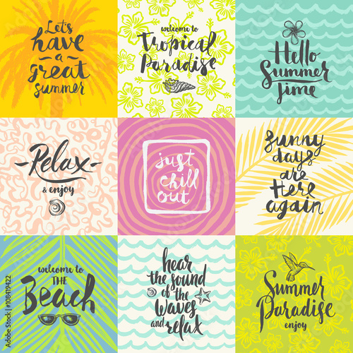 Set of summer holidays and tropical vacation hand drawn posters or greeting card with handwritten calligraphy quotes, phrase and words. Vector illustration