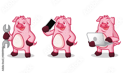 Violet Pig Mascot with laptop