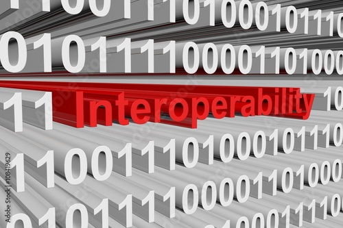 Fotografie interoperability in the form of binary code, 3D illustration