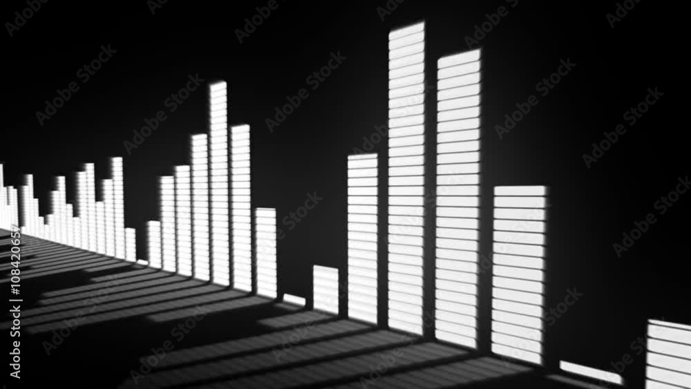 Music control levels. Glow black and white audio equalizer bars moving with the reflection from the mirror surface. Music control levels. Glow black and white audio equalizer bars moving with the reflection from the mirror surface.