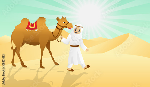 camel and the arabian man in desert