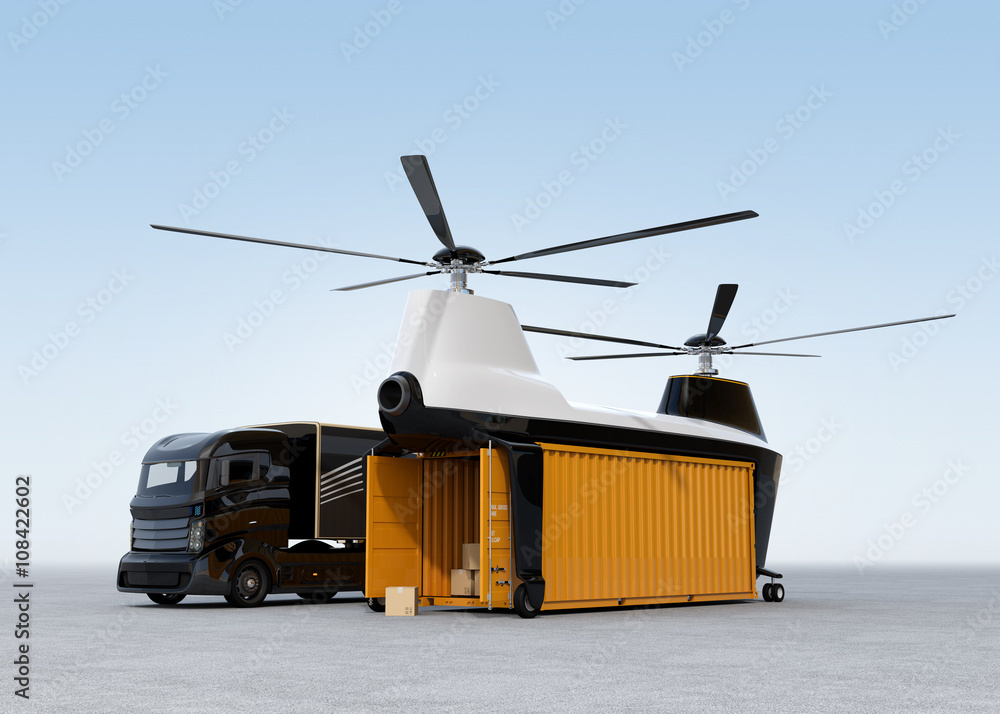 Obraz Cargo drone and hybrid truck on the ground. Cargo container opened and several cardboard boxes in it. 3D rendering image