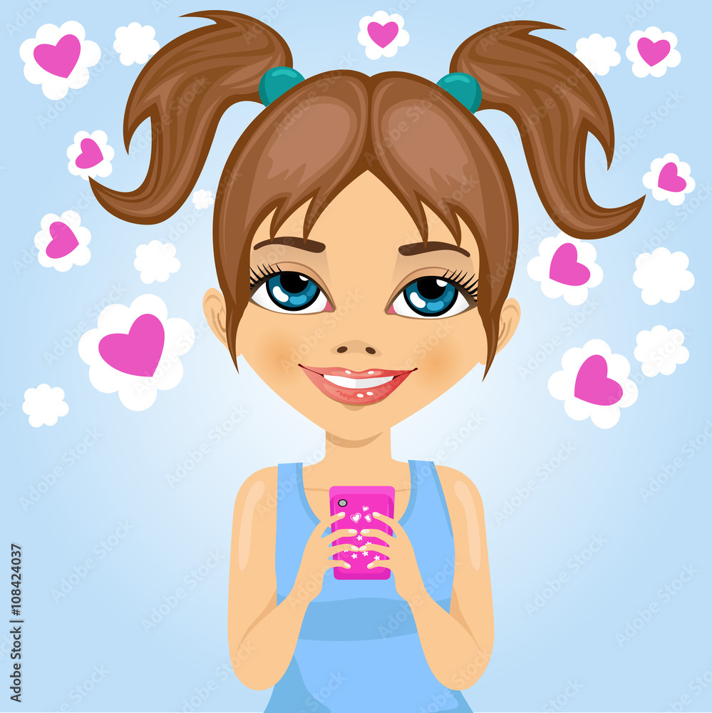 Cute little girl sending love messages using smartphone wireless communications Cute little girl sending love messages using smartphone wireless communications