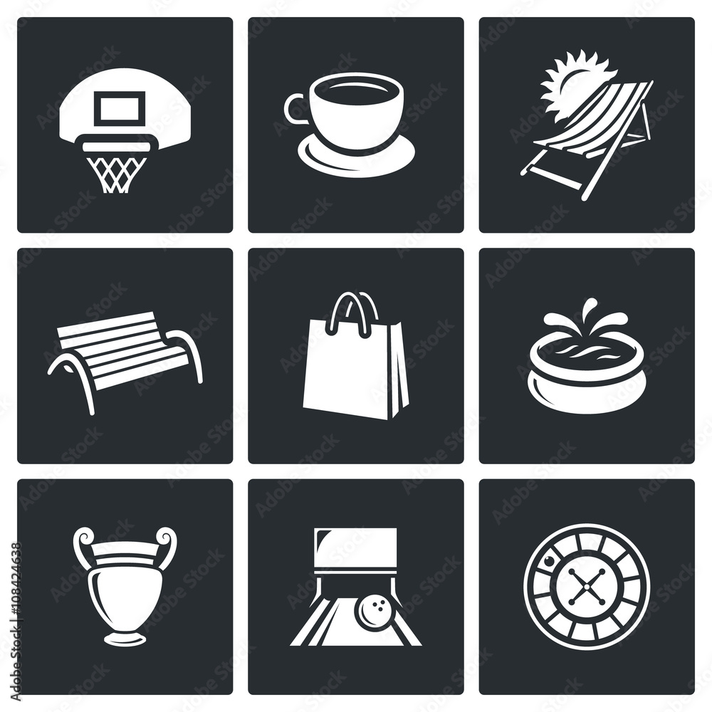 Vector Set of Recreation and Entertainment Icons. Sport, Food, Tourism, Stroll, Shopping, Park, Art, Bowling, Casino. Vector Set of Recreation and Entertainment Icons. Sport, Food, Tourism, Stroll, Shopping, Park, Art, Bowling, Casino.