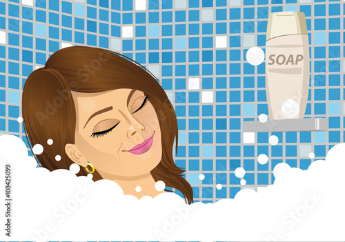 young woman taking a foam bath with eyes closed