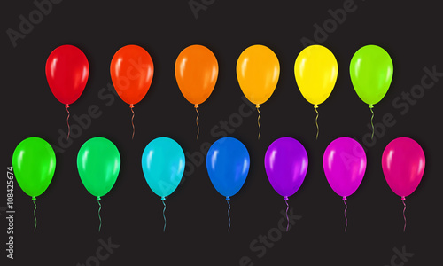 Naklejka Realistic 3d Colorful Glossy Balloons Flying for Happy Birthday, Party and Celebrations. Trendy Design element on black background. Vector Illustration