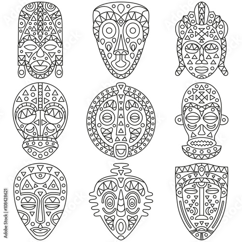Set of line icons. Different ethnic masks. Vector illustration