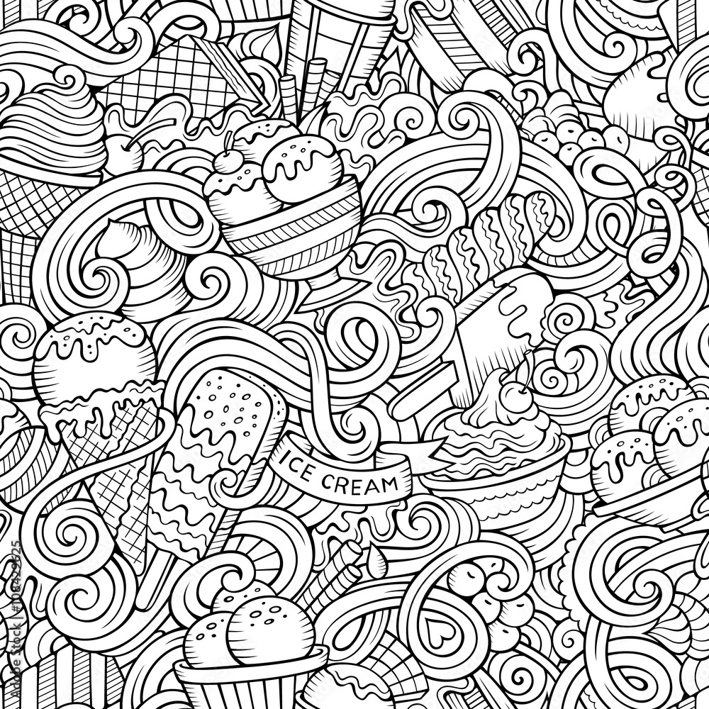 Fototapeta premium Cartoon hand-drawn ice cream doodles seamless pattern