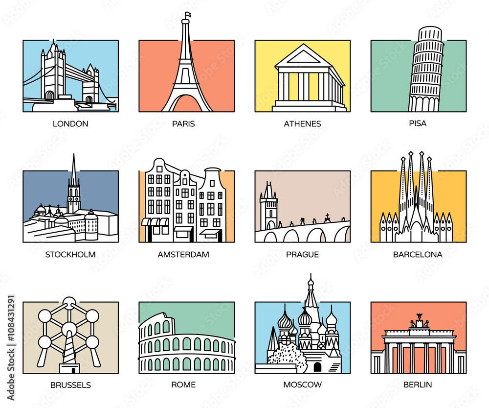 Europe landmarks and favorite travel destinations in line icons style and flat colour rectangle backgrounds. - obrazy, fototapety, plakaty 