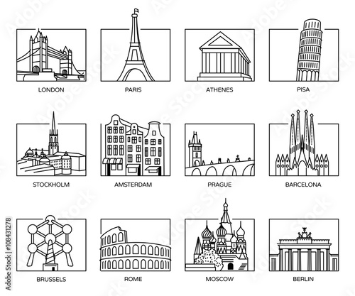 Europe landmarks and favorite travel places in line icons style and rectangle backgrounds.
