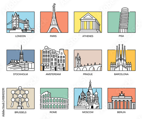 Europe landmarks and favorite travel destinations in line icons style and flat colour rectangle backgrounds.