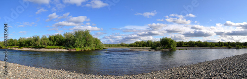 Panoramic river landscape in the polar Urals.