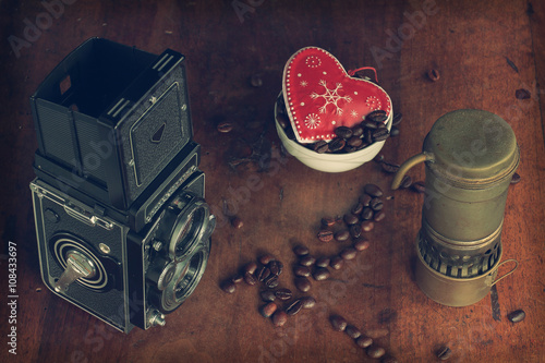 heart with an old coffee maker with an camera 