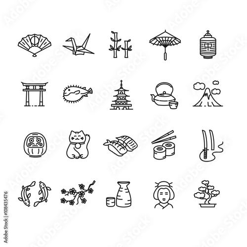 Japan Icon Black Outline Set. Vector