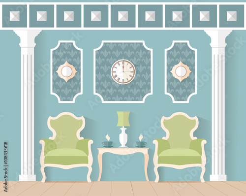 living room in classic style. Interior design in flat style. Vector illustration. Reception, waiting room, lounge in blue color.