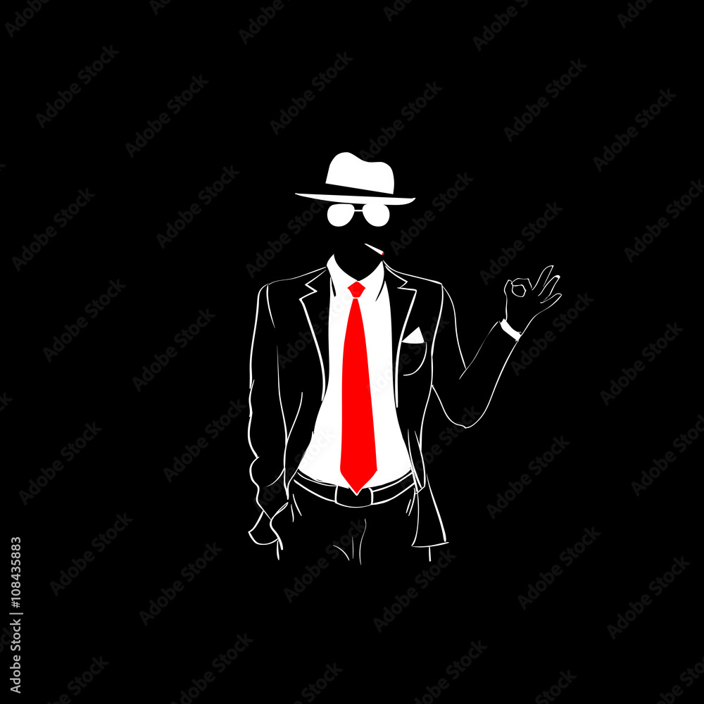 Man Silhouette Suit Red Tie Wear Glasses White Hat Okay Hand Gesture Man Silhouette Suit Red Tie Wear Glasses White Hat Okay Hand Gesture