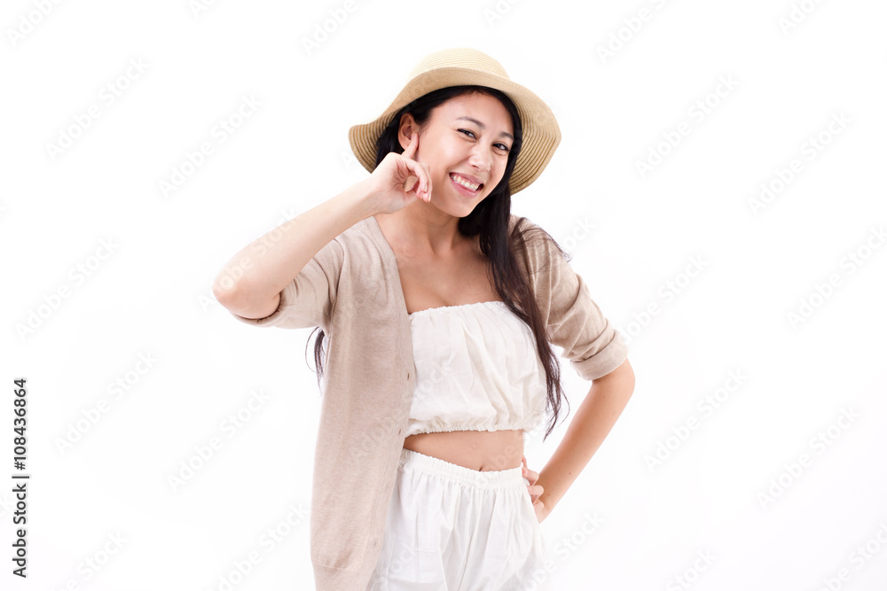 smiling happy woman pointing up smiling happy woman pointing up