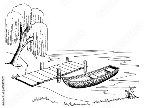 Boat pier graphic art black white landscape illustration vector