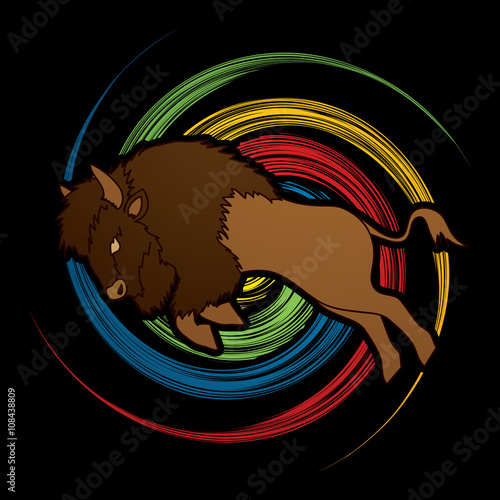 Buffalo Jumping designed on spin wheel  background graphic vector