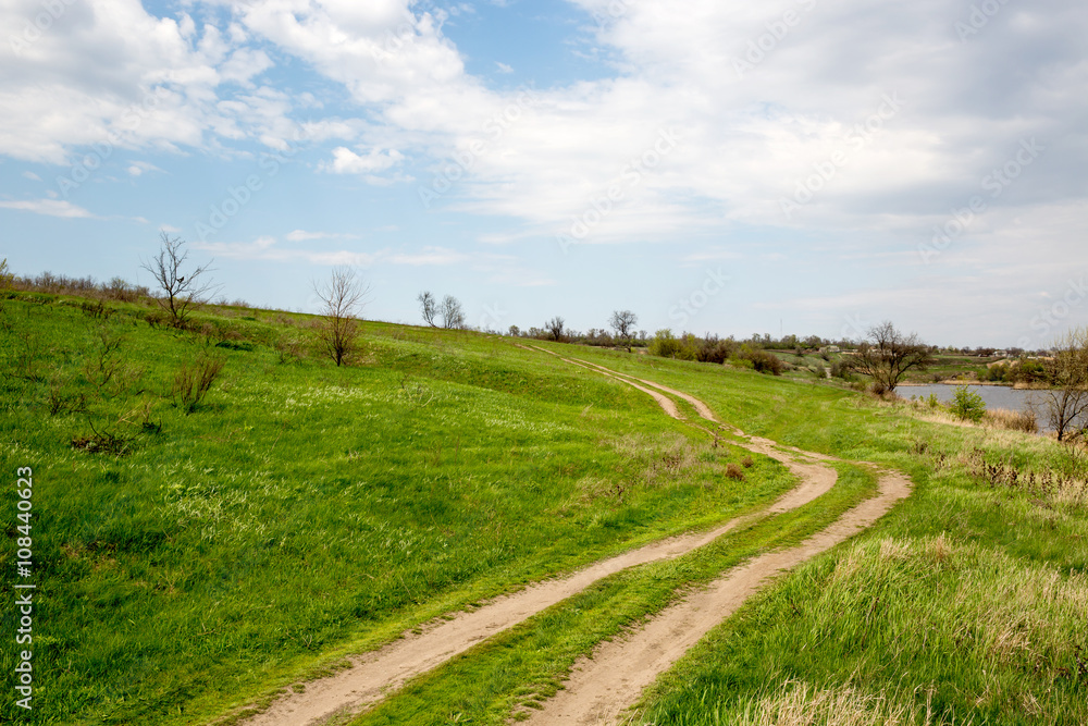 Naklejka premium rut road across green slope