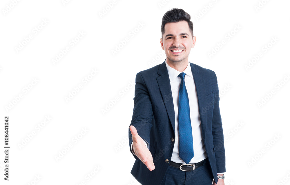 Smiling trustworthy and friendly sales man offer handshake Smiling trustworthy and friendly sales man offer handshake
