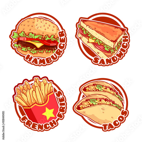 Set of four stickers with fast food.