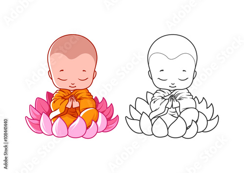Little cartoon monk on the lotus. Page for coloring book.