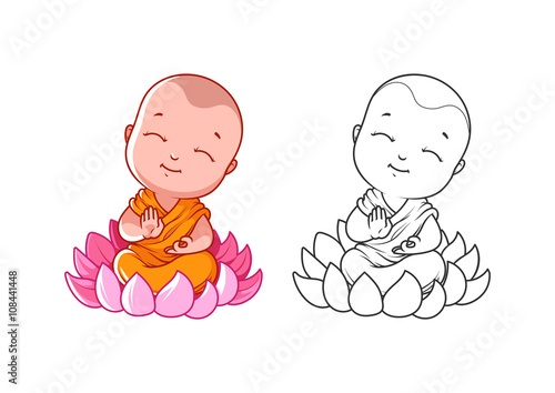 Little cartoon monk on the lotus. Page for coloring book.