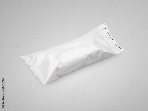 White blank plastic pouch food packaging on gray
