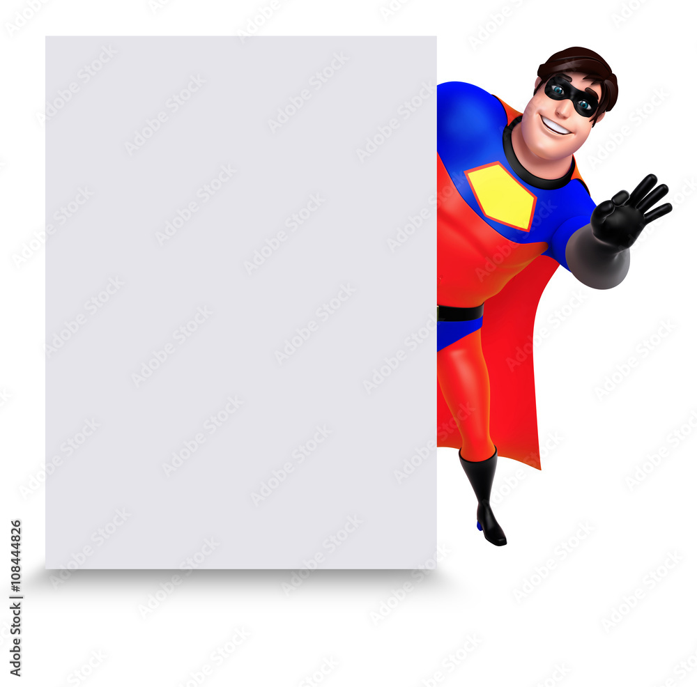 3D Rendered illustration of superhero with white board 3D Rendered illustration of superhero with white board