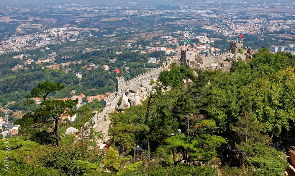 Aerial view of Sintra in Portugal with Castle of the Moors ( Castelo dos Mouros ) in foreground
