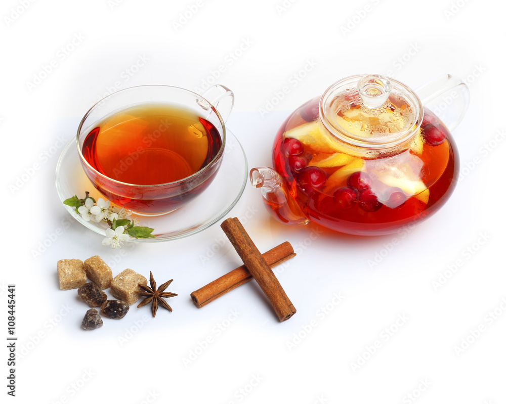 Tea cup kettle isolated white background
