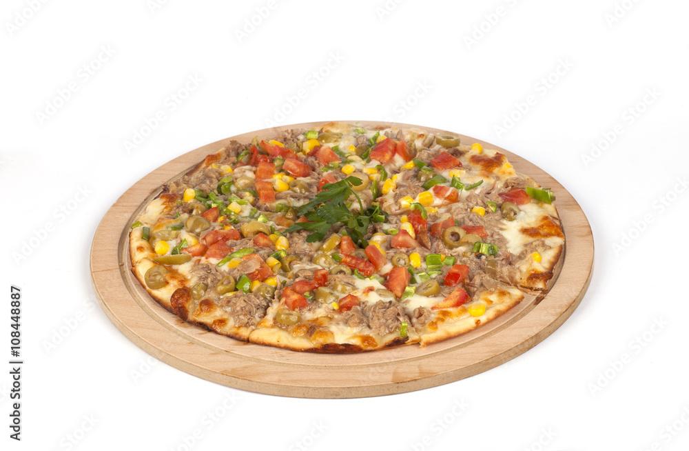 Mixed pizza on a white background Mixed pizza on a white background
