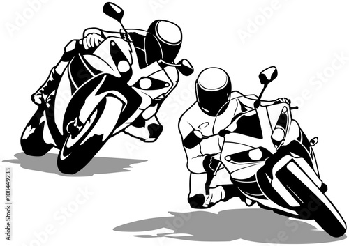 Motorcycle Biker Set - Black And White Outline Illustrations, Vector