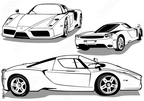 Sport Car from 3 Views - Black and White Outline Illustration, Vector