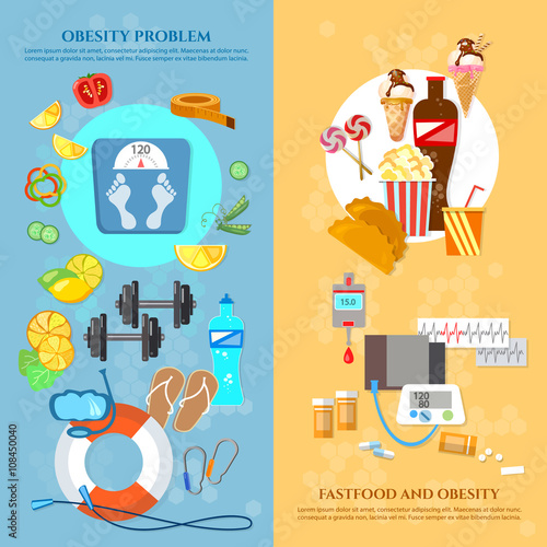 Obesity problem banner unhealthy eating diet