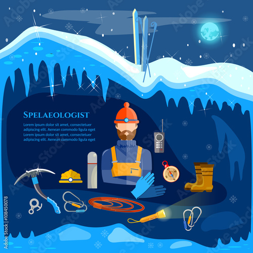 Climber adventure in the mountains study ice caves speleology