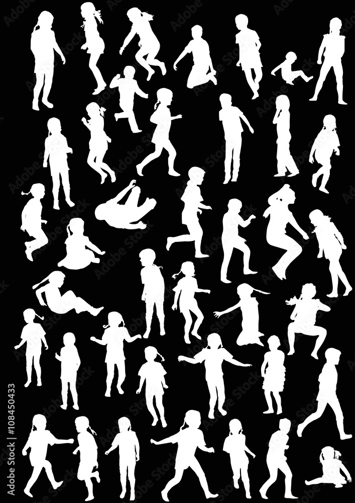 children silhouettes large collection isolated on black