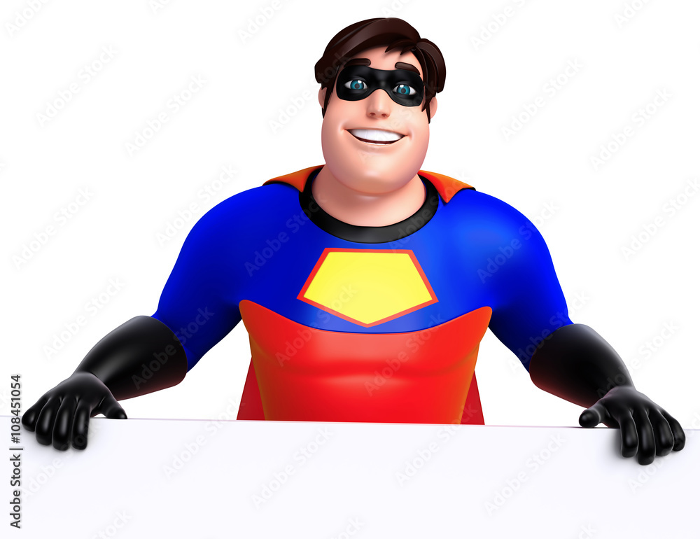3D Rendered illustration of superhero with white board 3D Rendered illustration of superhero with white board