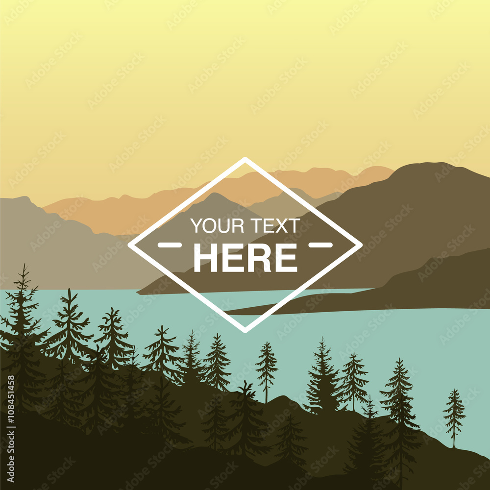 Landscape illustration of mountains near the lake at the sunset with ...