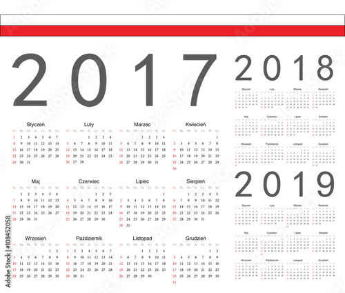 Set of Polish 2017, 2018, 2019 year vector calendars