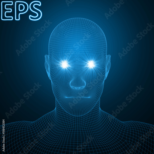 powerful energy beams at eyes of wireframe human head. blue vers