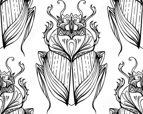Seamless black and white pattern with hand drawn tribal scarab.