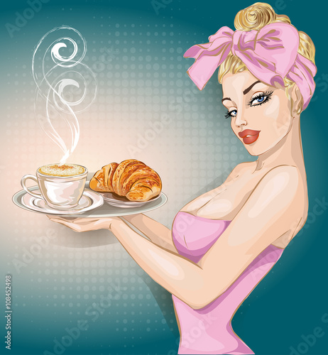 Pop Art woman with breakfast. Pin-up fashion girl, sexy wife,