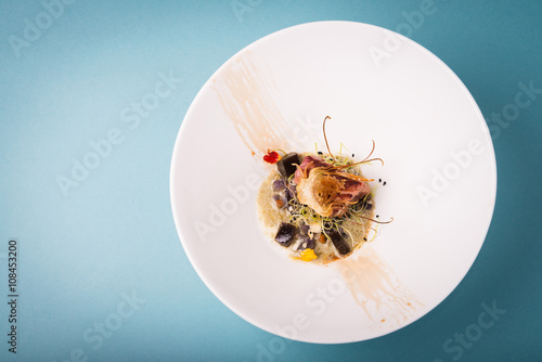Haute cuisine presentation of tuna with artichoke.