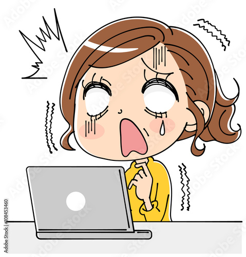 パソコンとショックを受ける女性のイラスト