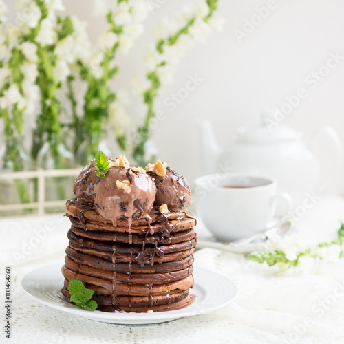 Stack of Homemade Chocolate Pancakes with Chocolate Ice-Cream