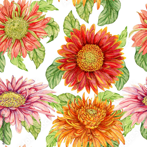 Seamless pattern with watercolor gerbera flower. Hand drawn illustration