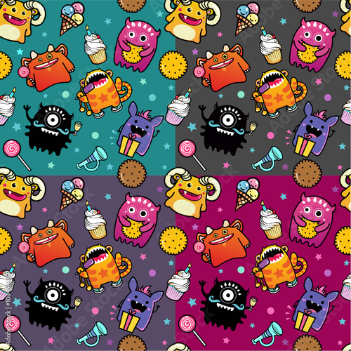 Seamless pattern with monster and weet food