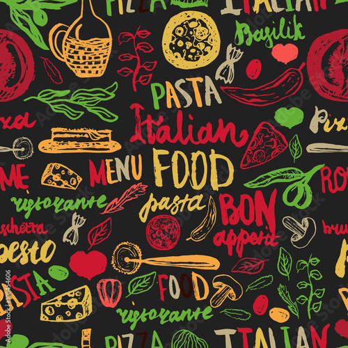 Italian food Seamless Background with Various Groceries  Pasta  Vegetables  pizza and Mushrooms